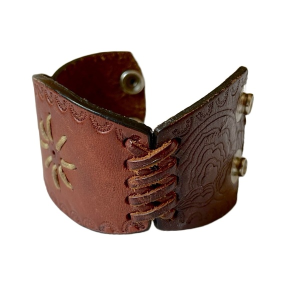Handmade Tooled Embossed Leather Cuff Bracelet, Brown, Size Small - Picture 5 of 7